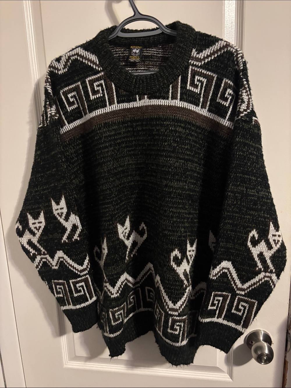 Dark Green Crewneck Sweater with White Geometric & Fox Motif